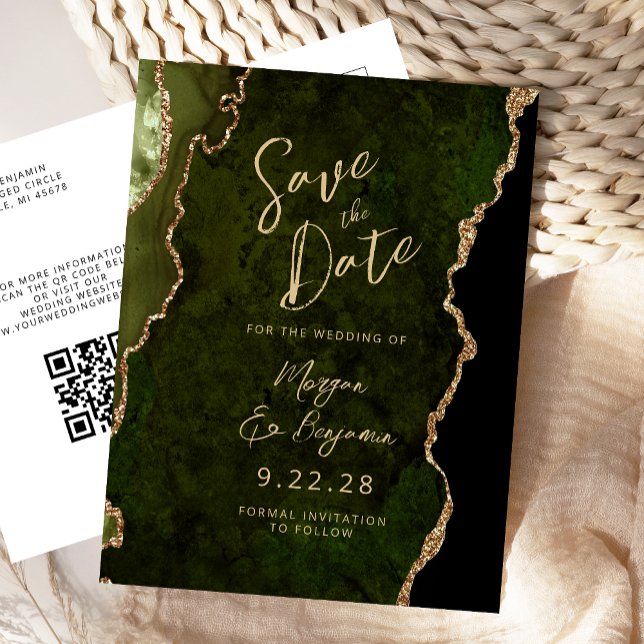 Olive Green Gold Agate QR Code Save the Date Announcement Postcard (Creator Uploaded)