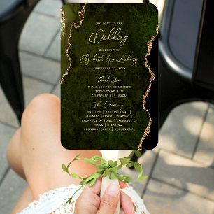 Olive Green Gold Agate Script Wedding Program Hand Fan