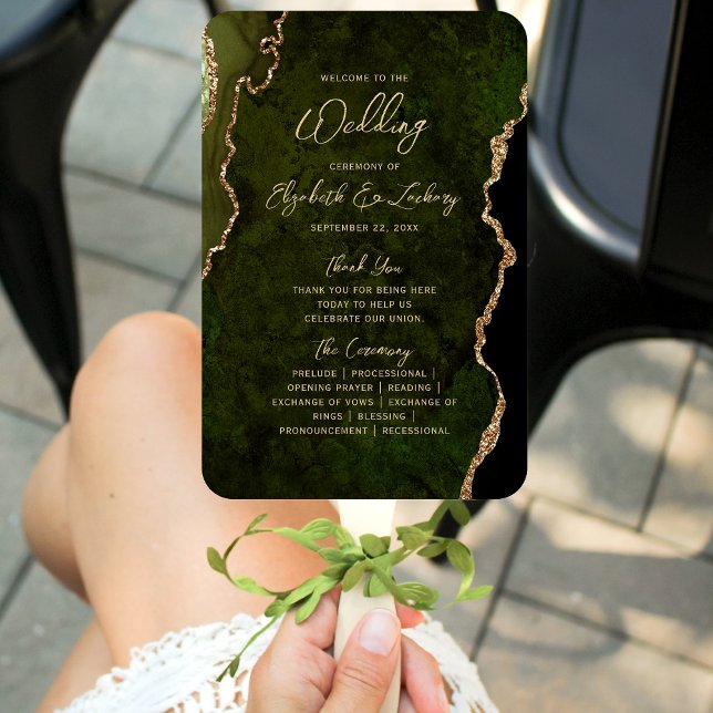 Olive Green Gold Agate Script Wedding Program Hand Fan (Creator Uploaded)