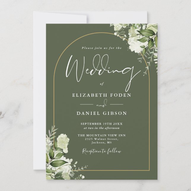 Olive Green Gold Arch Greenery QR Code Wedding Invitation (Front)