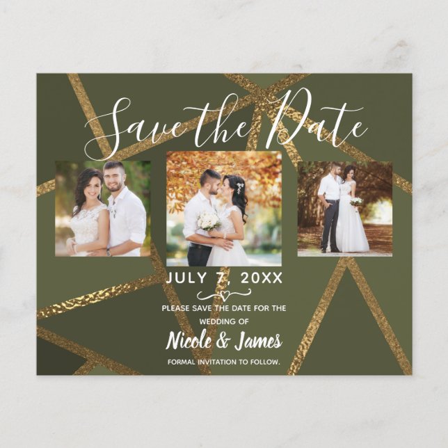 Olive Green Gold Bronze Geometric Modern Save Date (Front)
