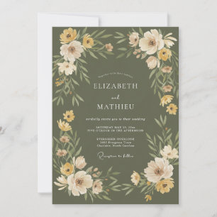 Olive Green Gold Floral Watercolor Wedding Invitation
