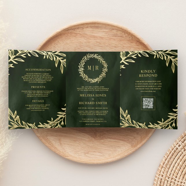 Olive Green Gold Leaf Branch QR Code Wedding Tri-Fold Invitation (Creator Uploaded)