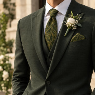 Olive Green Gold Leaf Vine Botanical Tie