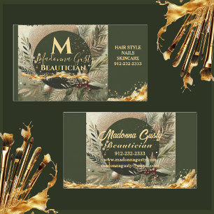 Olive Green Gold Monogram Beautician Professional  Business Card
