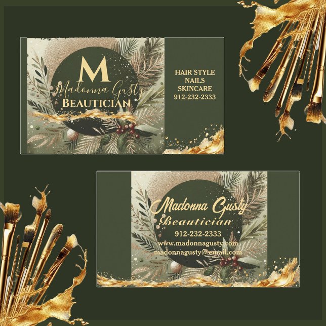Olive Green Gold Monogram Beautician Professional  Business Card (Olive Green Gold Monogram Beautician Professional Business Card)