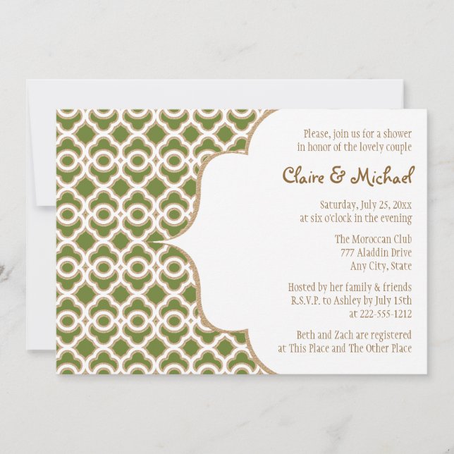 Olive Green Gold Moroccan Couples Wedding Shower Invitation (Front)