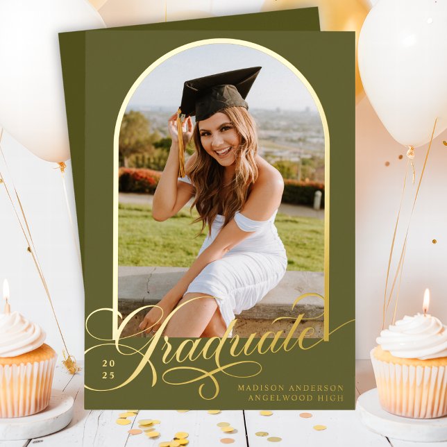 Olive Green Graduate Foil Graduation Announcement (Creator Uploaded)