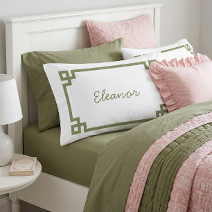 Olive Green Greek Key Monogram Standard Pillowcase