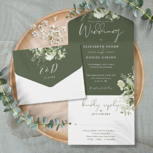 Olive Green Greenery Floral Monogram Wedding All In One Invitation