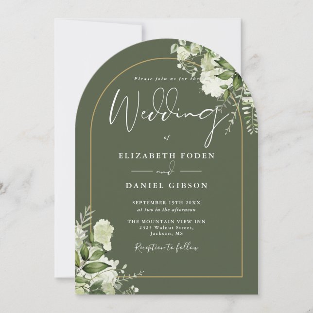 Olive Green Greenery Gold Arch Monogram Wedding Invitation (Front)