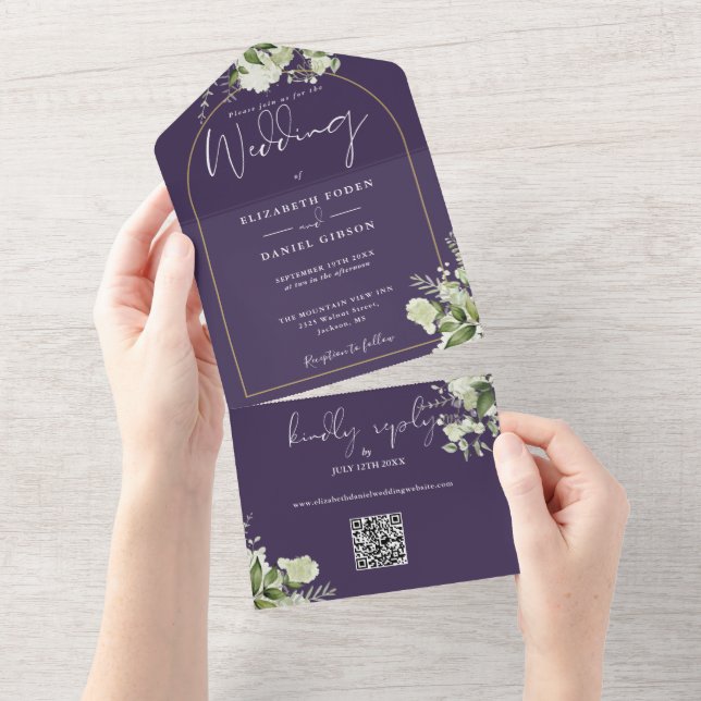Olive Green Greenery Gold Arch QR Code Wedding All In One Invitation (Tearaway)