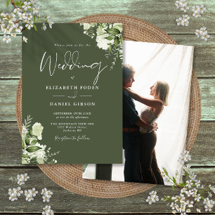 Olive Green Greenery Leaves Elegant Photo Wedding Invitation