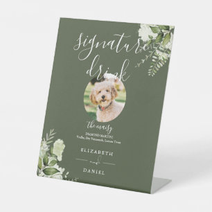 Olive Green Greenery Wedding Pet Signature Drink Pedestal Sign