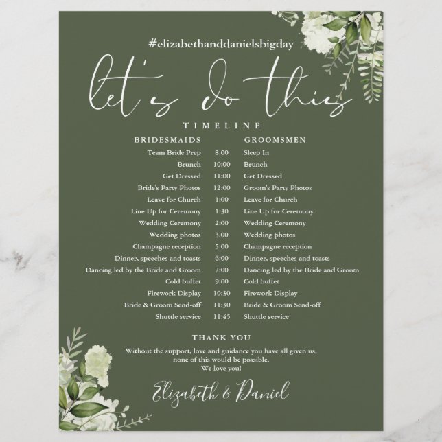 Olive Green Greenery Wedding Schedule Timeline (Front)