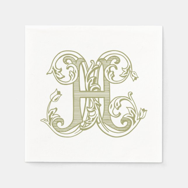 Olive Green "H" Monogram Cocktail Napkins (Front)