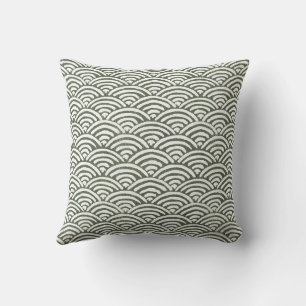 Olive Green Hand-Drawn Seigaiha Ocean Waves Cushion