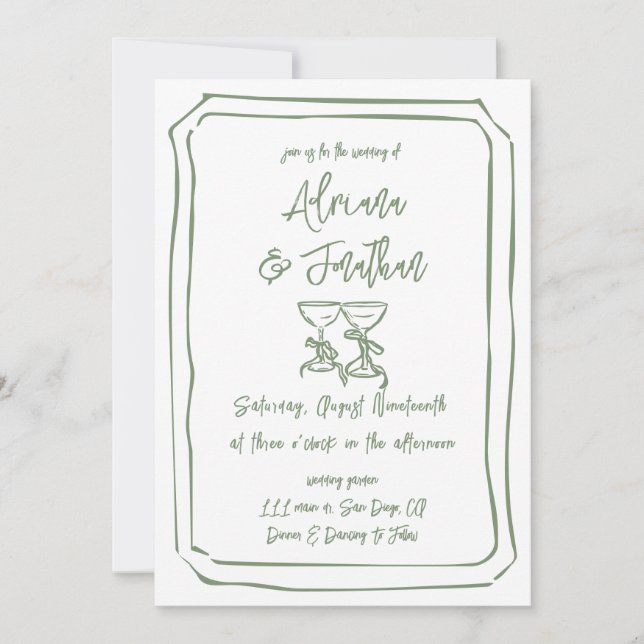 Olive Green  Hand Drawn Wedding Details Card (Front)
