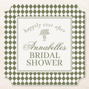 Olive Green Harlequin Checkered Bridal Shower Paper Coaster