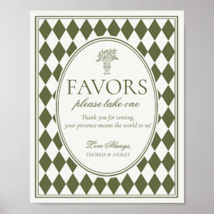 Olive Green Harlequin Checkered Wedding Favor Sign