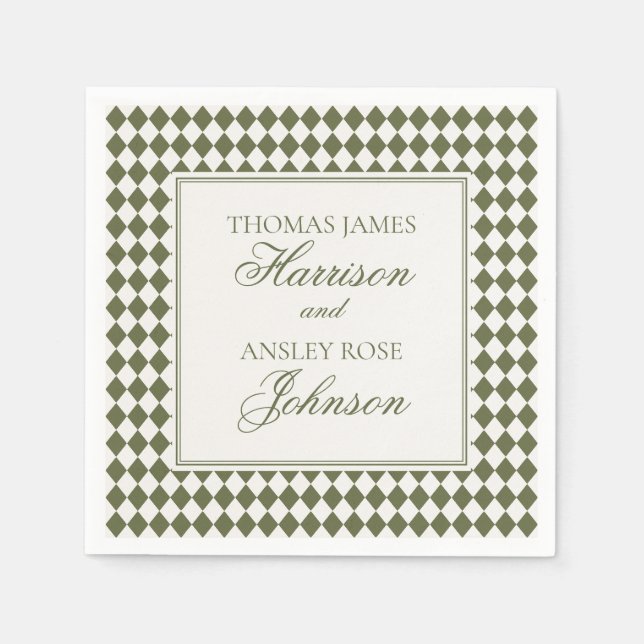 Olive Green Harlequin Chequered Wedding Napkin (Front)