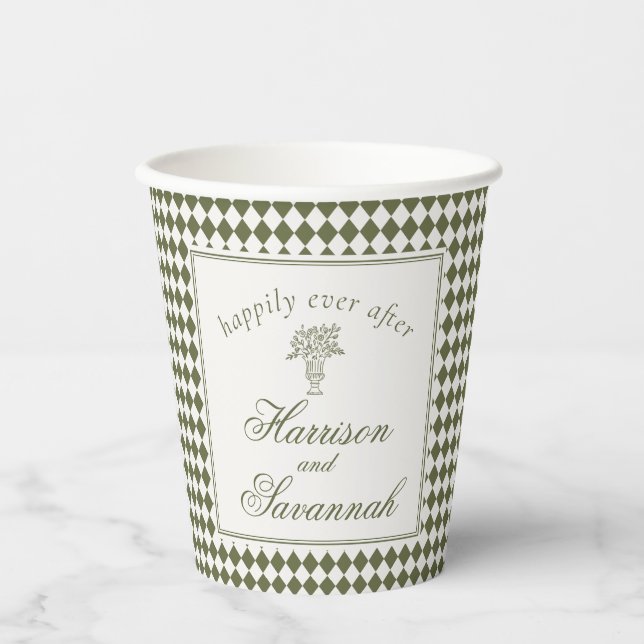Olive Green Harlequin Chequered Wedding Paper Cups (Front)