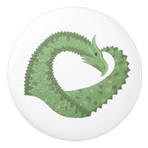 Olive green heart dragon on white ceramic knob