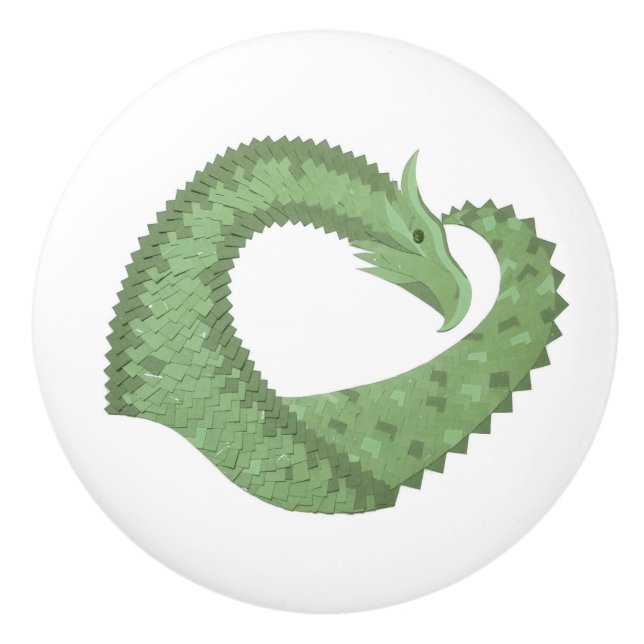 Olive green heart dragon on white ceramic knob (Front)