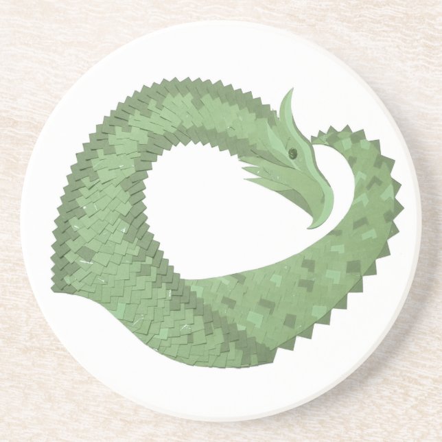 Olive green heart dragon on white coaster (Front)