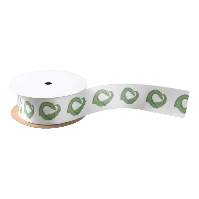 Olive green heart dragon on white satin ribbon (Spool)