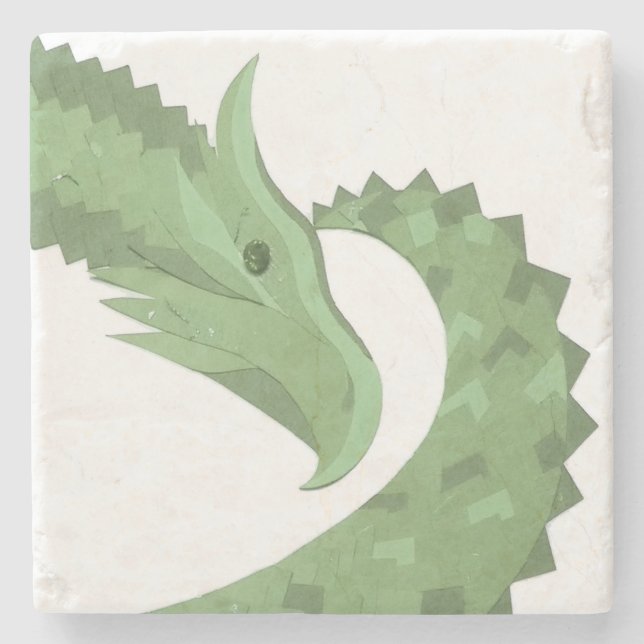 Olive green heart dragon on white stone coaster (Front)