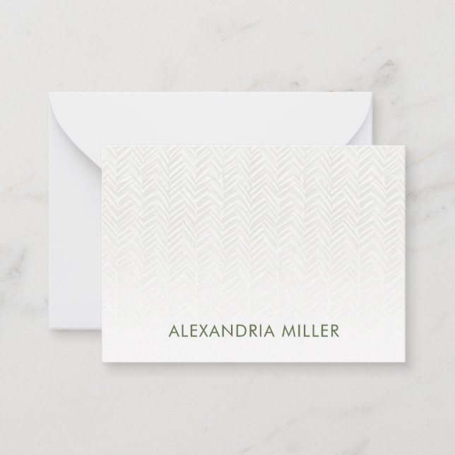 Olive Green Herringbone Flat Note Card with Name (Front)