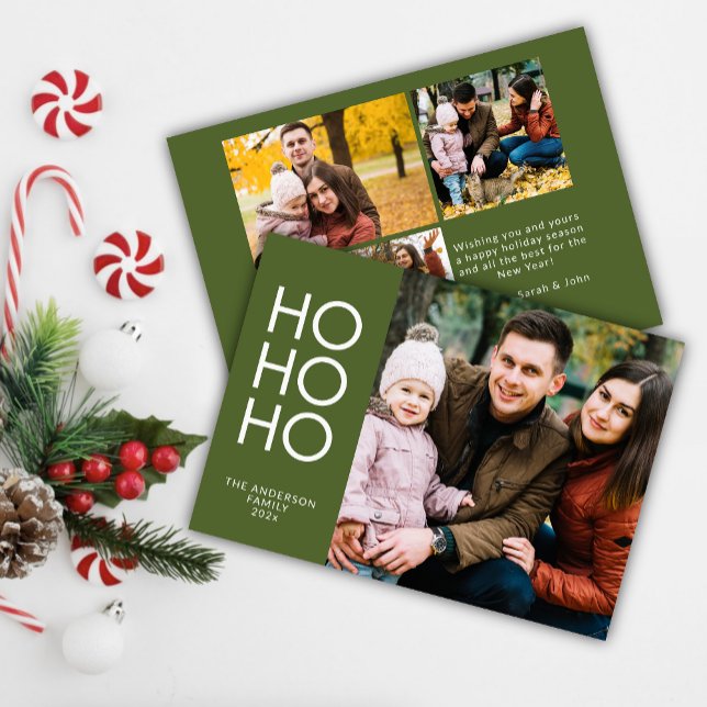 Olive Green "HO HO HO" Photo Collage Christmas Holiday Card (Creator Uploaded)