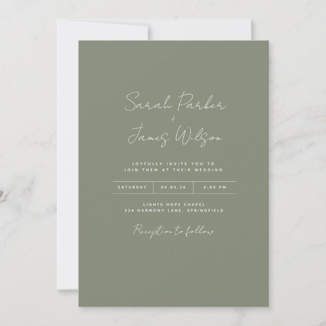Olive green invitations wedding understated script (Front)