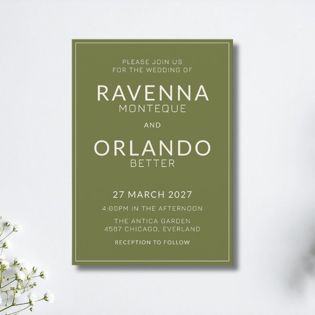 Olive Green Ivory Frame Old Money Modern Wedding Invitation (Creator Uploaded)