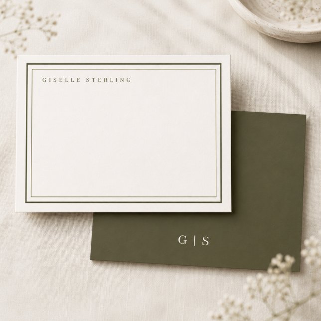Olive Green Ivory Monogram Double Border Card (Creator Uploaded)