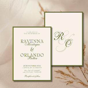 Olive Green Ivory Monogram Glam Old Money Wedding Invitation