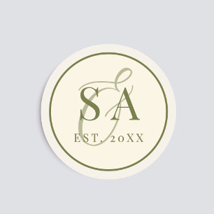 Olive Green Ivory Monogram Old Money Wedding Classic Round Sticker