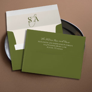 Olive Green Ivory Monogram Old Money Wedding Envelope