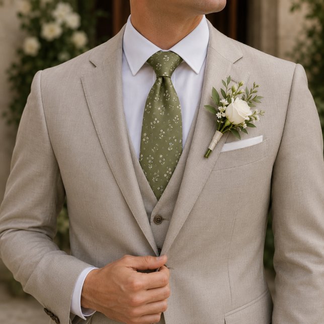 Olive Green Ivory Wildflower Botanical Pattern Tie (Creator Uploaded)