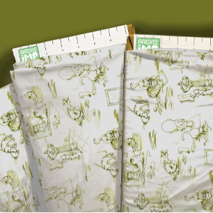 Olive Green Kitty Cat Bathroom Toile Fabric