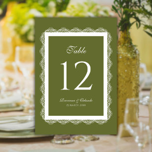 Olive Green Lace Doily Old Money Romantic Wedding Table Number