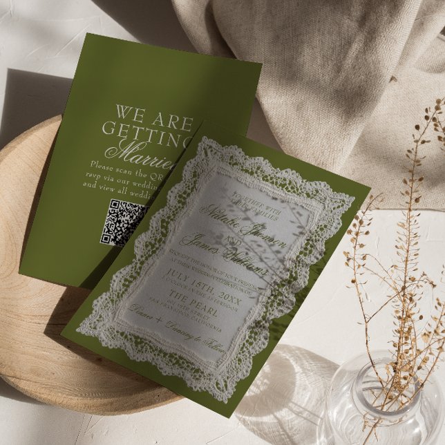 Olive Green Lace Old Money Doily QR Code Wedding Invitation (Creator Uploaded)