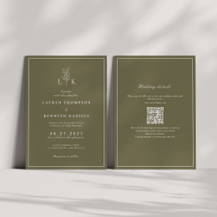 Olive Green Leaf Monogram QR Code Wedding Invitation