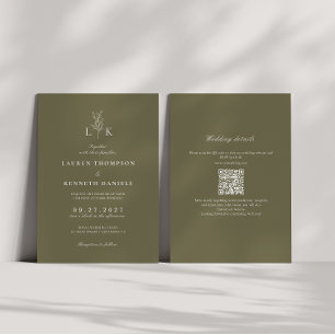 Olive Green Leaf Monogram QR Code Wedding Invitation