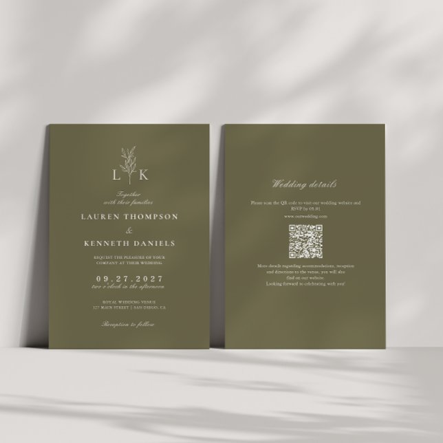 Olive Green Leaf Monogram QR Code Wedding Invitation (Creator Uploaded)
