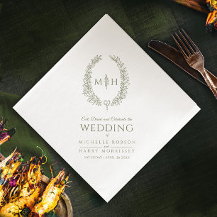Olive green leaf oval wreath monogram art wedding napkin