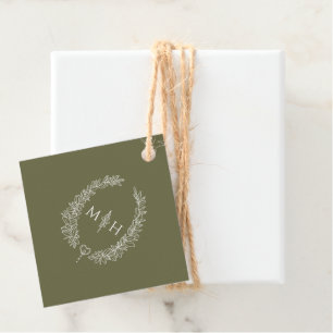 Olive green leaf oval wreath monogram wedding favour tags
