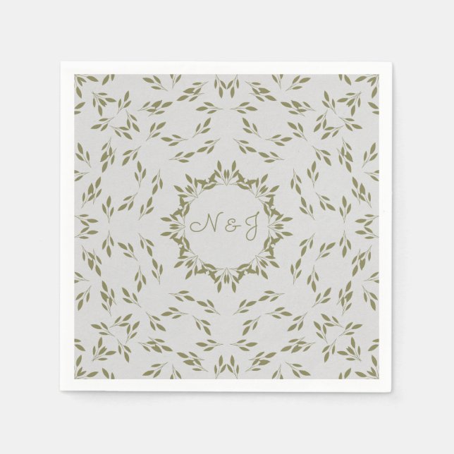 Olive Green Leaves Natural Oatmeal Rustic Wedding Napkin (Front)