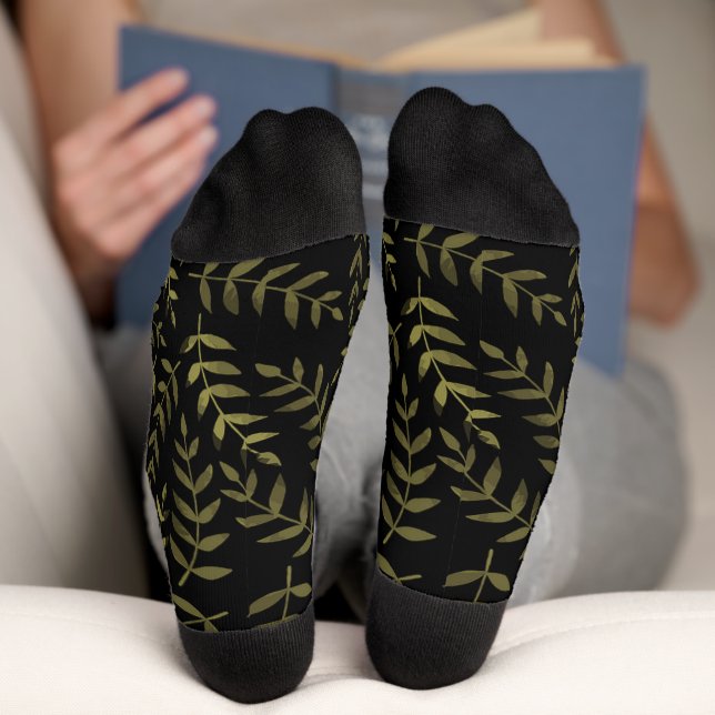 Olive green leaves pattern on white socks (Bottom)